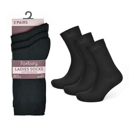 SK499BLKA Ladies 3Pk Plain Black Cotton/Elastane Socks
