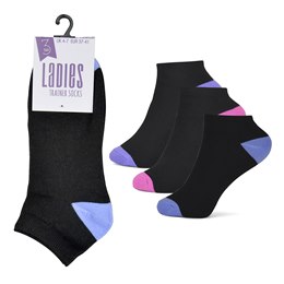 SK547 Ladies 3 Pack Black Trainer Socks with Contrast Heel & Toe