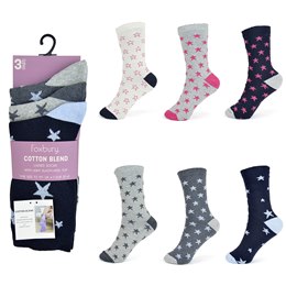 SK597 Ladies 3 Pack Non Elastiacted Top Design Socks