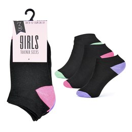 SK715 Girls 3 Pack Black Trainer Socks With Contrast Heel & Toe