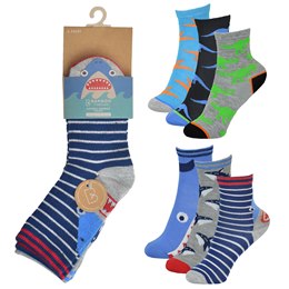 SK731 Boys 3 Pack Bamboo Dino/ Shark Design Socks