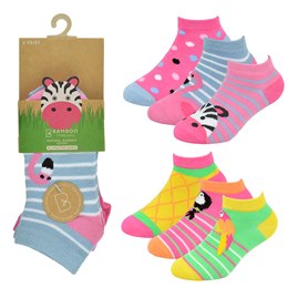 SK733 Girls 3 Pack Bamboo Animal/ Birds Design Trainer Socks