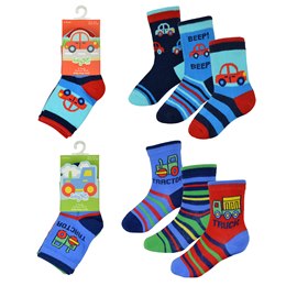 SK738 Baby Boys 3 Pack Cars/Truck Design Socks - Size 0-0