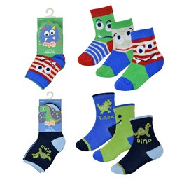 SK743 Baby Boys 3 Pack Monster/Dino Design Socks - Size 0-2.5
