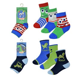 SK744 Baby Boys 3 Pack Monster/Dino Design Socks - Size 3-5.5