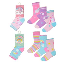 SK753 Baby Girls 3 Pack Rainbow/Unicorn Design Socks - Size 3-5.5
