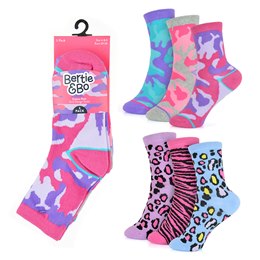 SK792 Girls 3 Pack Camo/ Animal Print Design Socks - Size 6-8.5