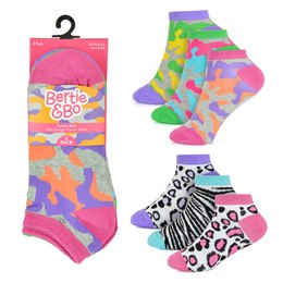 SK799 Girls 3 Pack Camo/ Animal Design Trainer Socks