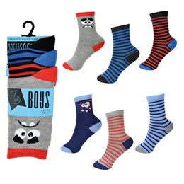 SK809 Boys 3 Pack Design Socks - Stripes & Face Designs