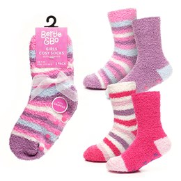 SK832A Girls 2 Pack Stripe Cosy Socks with Gripper & Ribbon