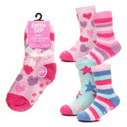 SK833A Girls 2 Pack Design Cosy Socks with Gripper & Ribbon