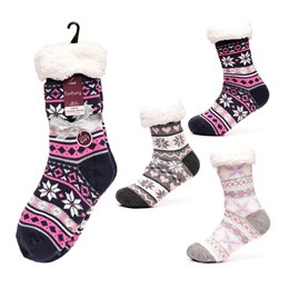 SK943A Ladies Fairisle Lounge Socks with Sherpa Lining & Grippers