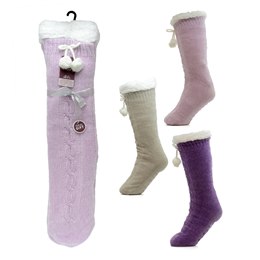 SK944 Ladies Chenille Cable Lounge Socks with Sherpa Lining & Gripper & Pom Pom