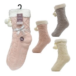 SK947 Ladies Chenille Cable Lounge Socks with Sherpa Lining & Gripper & Pom Pom