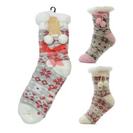 SK950 Ladies Christmas Lounge Socks with Sherpa Lining & Grippers with Pom Pom