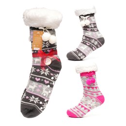 SK950A Ladies Christmas Lounge Socks with Sherpa Lining & Grippers with Pom Pom