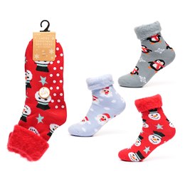SK955A Ladies Christmas Design Brushed Bed Socks with Gripper