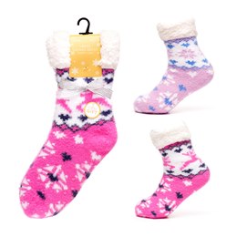SK964B Ladies Super Soft Fairisle Design Bed Socks with Sherpa Lining