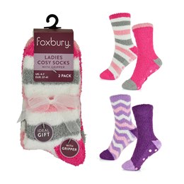 SK973A Ladies 2 Pack Stripe Cosy Socks with Gripper