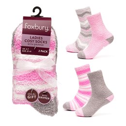 SK973A Ladies 2 Pack Stripe Cosy Socks with Gripper